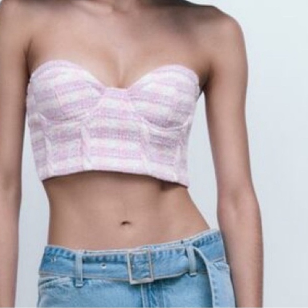 NEW! Zara Small Top Bustier Corset Crop Top Tweed Plaid Pink Purple